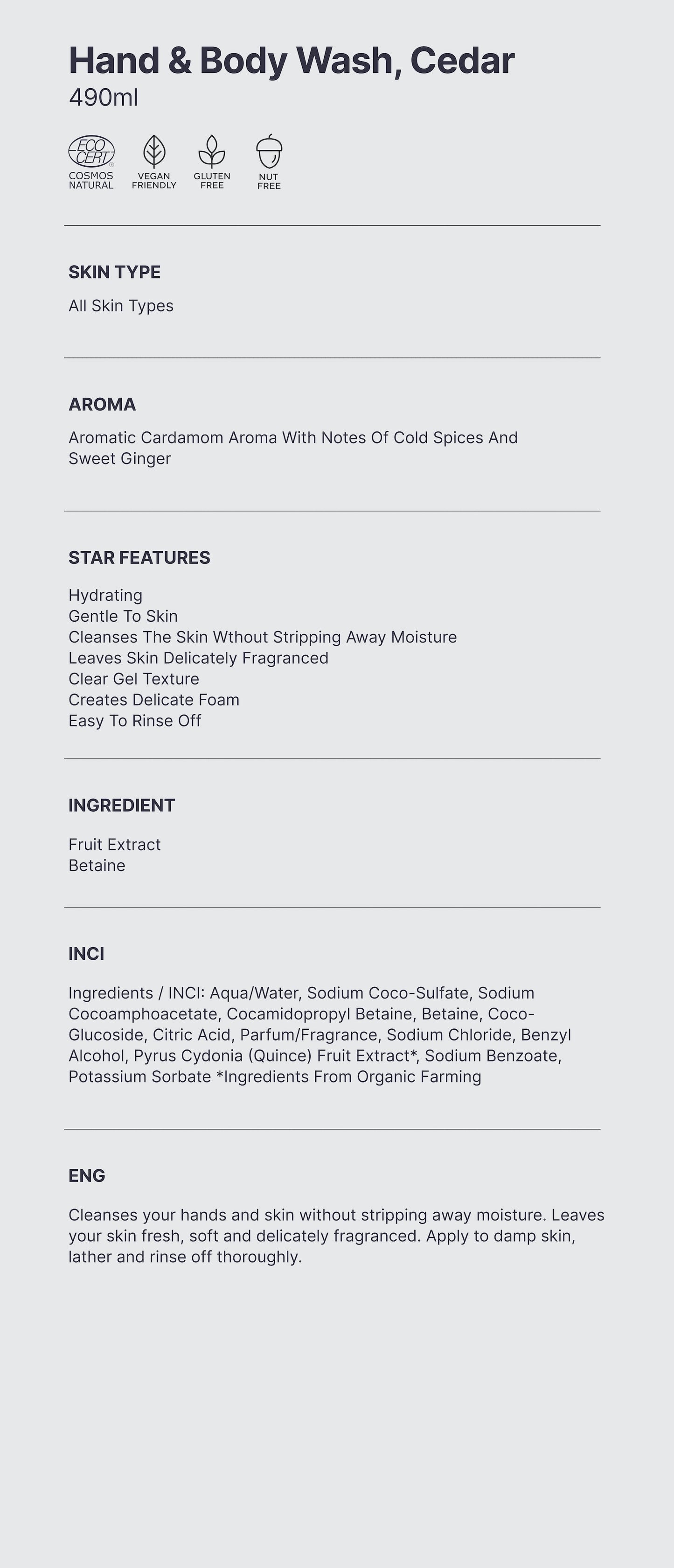 Naturale. Detergente mani & corpo, zenzero & cardamomo affumicato